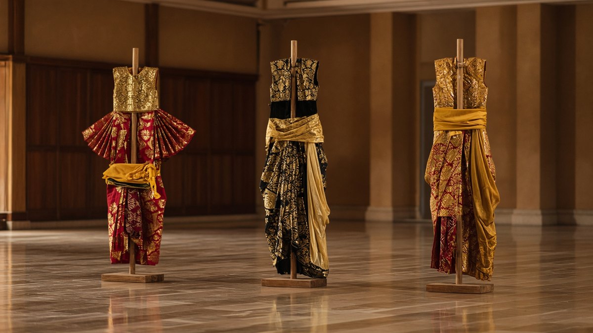 Three Balinese dancers perform in a ballroom while guests watch from their tables.