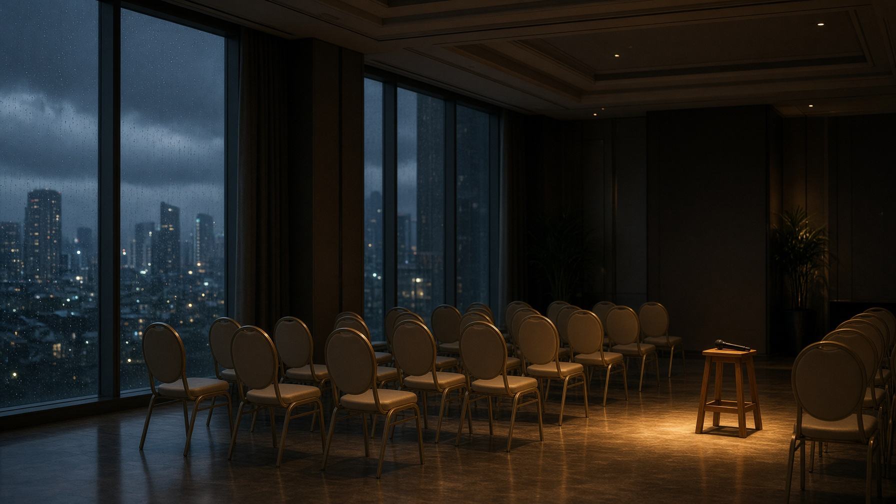Empty ballroom at dusk with one microphone on a stool