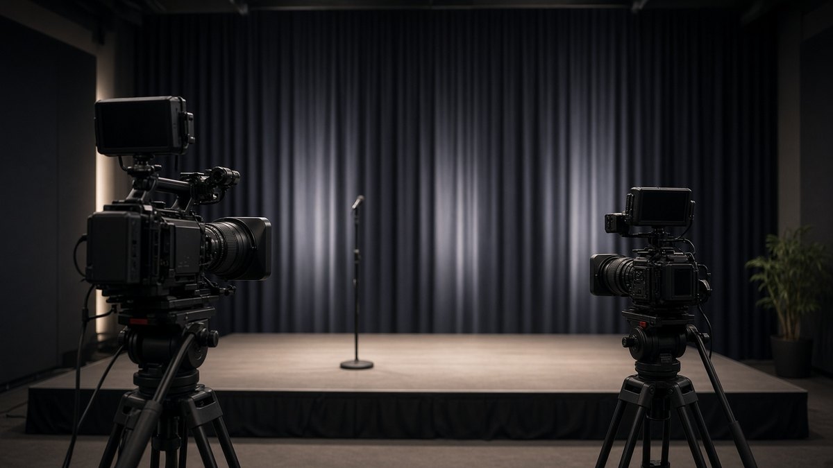 A photographer and a videographer film a speaker on a conference stage.