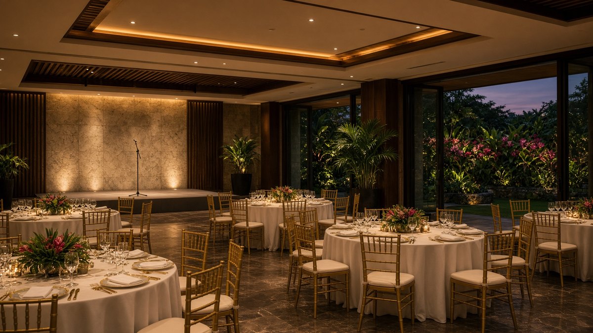 A resort ballroom set for a seated dinner, with a stage microphone and warm light, and no identifiable face.