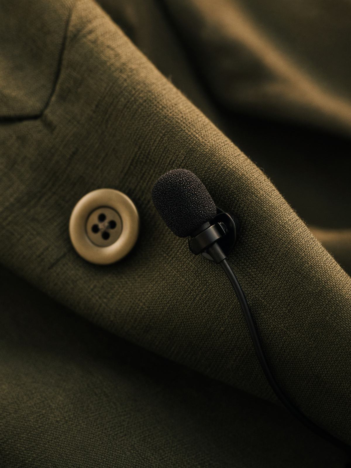 A lavalier microphone on a stand in an empty room, with no people in frame