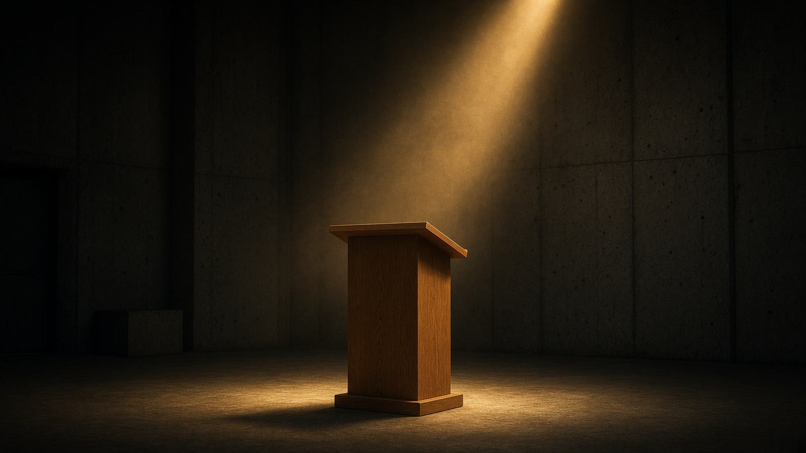 An empty lectern in a concrete hall