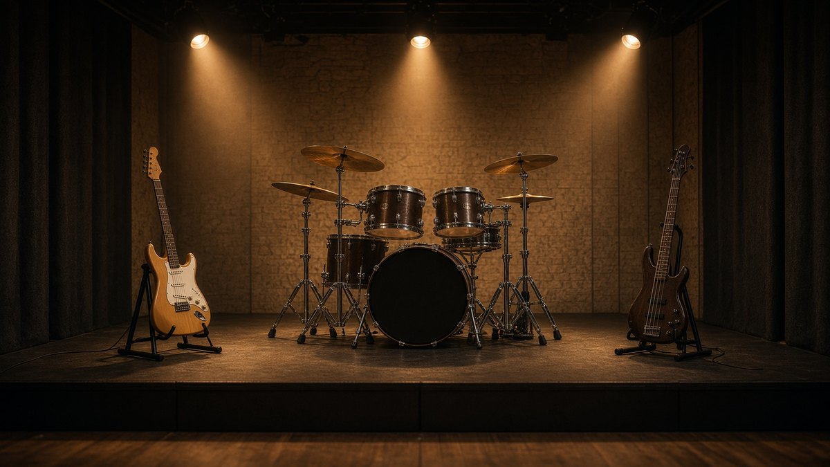 A four-piece band plays on a low stage at a corporate party.