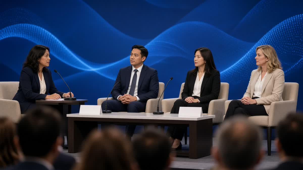 Panggung panel dengan meja dan mikrofon, layar abstrak di belakang, tanpa wajah yang dikenali.