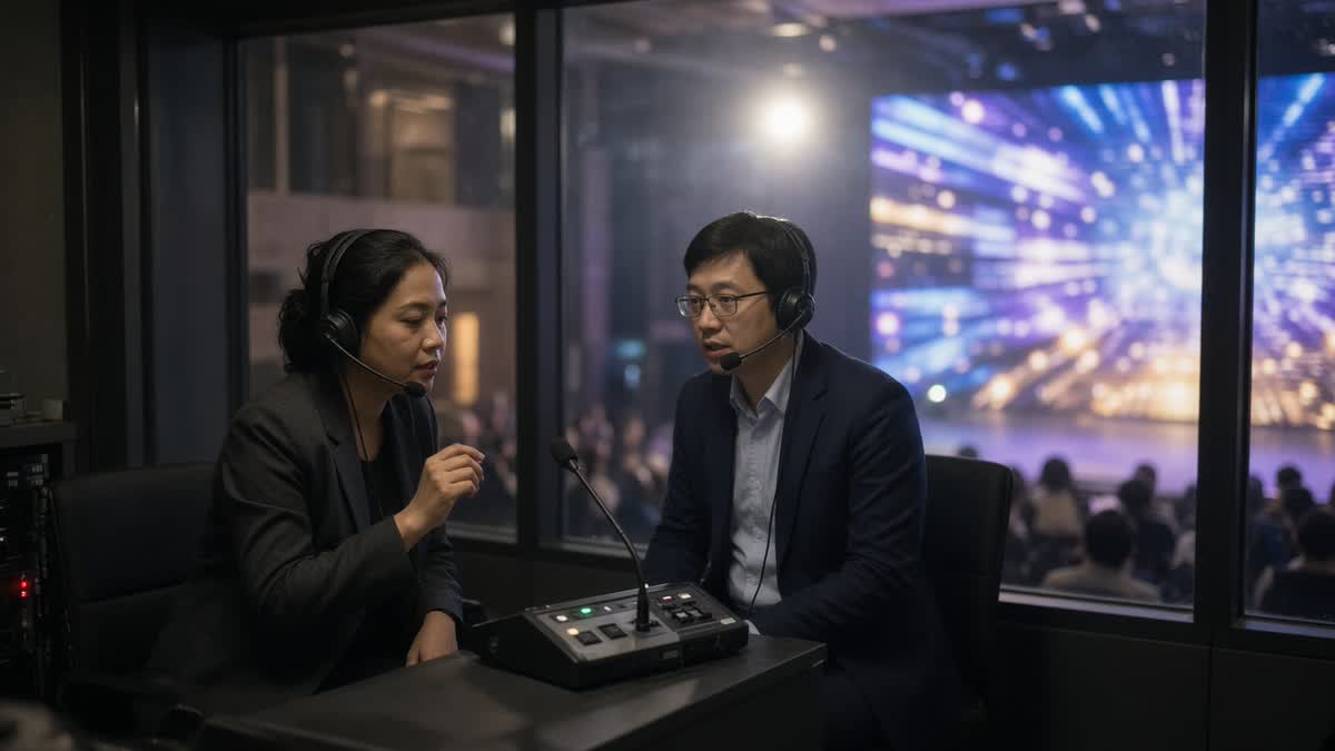 Two interpreters wearing headsets work at a console inside a glass booth overlooking a conference stage.