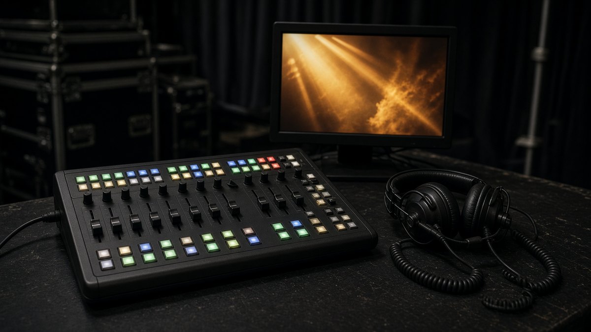 Three crew members wearing headsets check a monitor backstage.