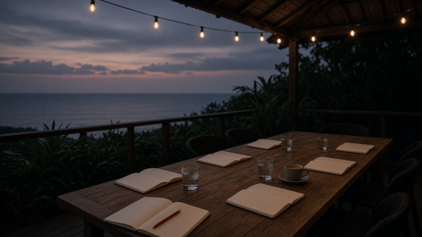 A teak briefing table at dusk in Bali